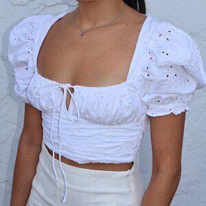 Zara Eyelet Puffy Sleeves White Crop Top